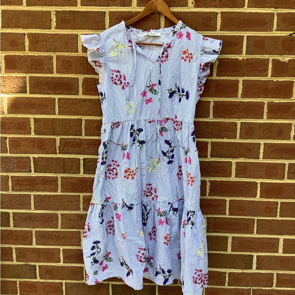 NWT Lapogee Dress Blue Stripe Floral Tiered Ruffle Cap Sleeve L